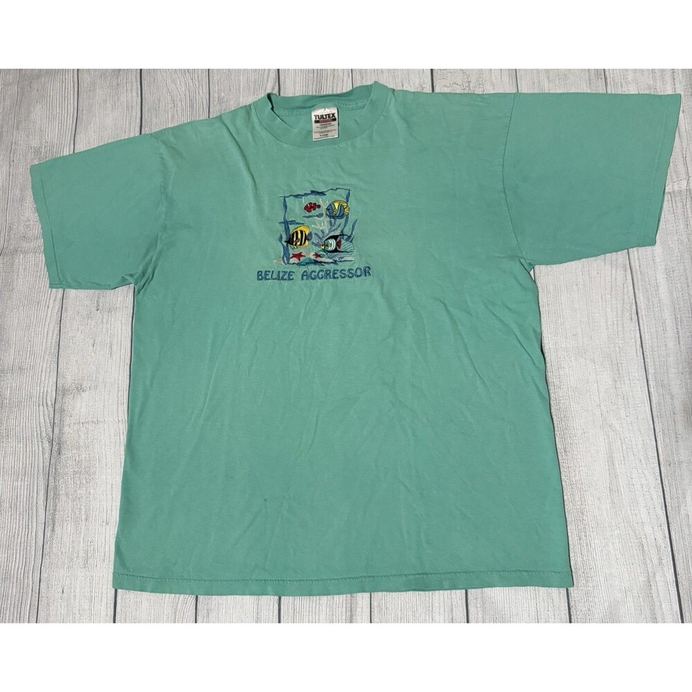 Vintage Belize Aggressor T Shirt Fish Sea Graphics Embroidered Tultex Size XL